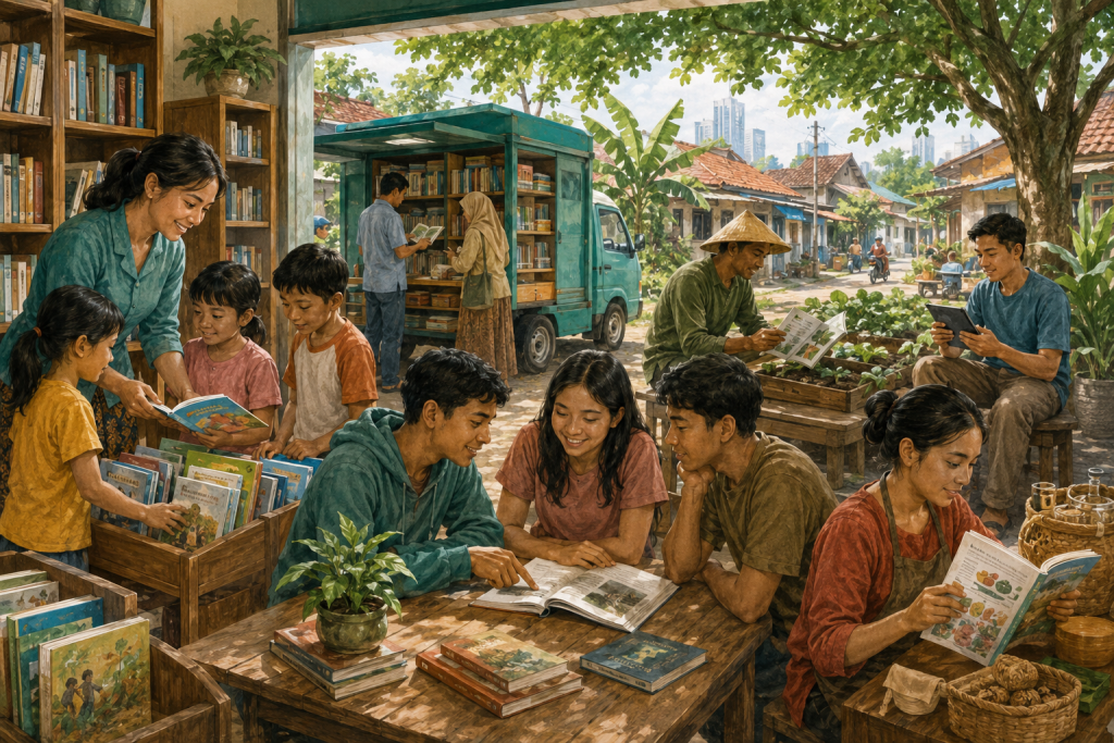 Perpustakaan komunitas Indonesia dengan anak-anak memilih buku, remaja berdiskusi, petani membaca panduan, dan warga mengakses perpustakaan digital