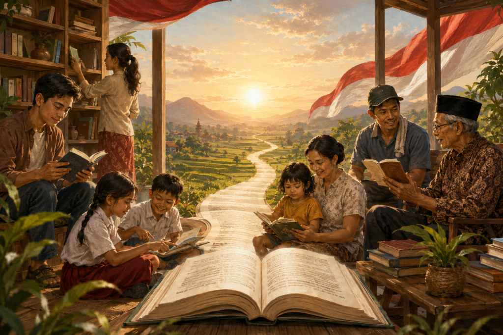 Masyarakat Indonesia lintas generasi membaca dan berbagi buku di ruang baca terbuka dengan latar bendera Merah Putih dan matahari terbit