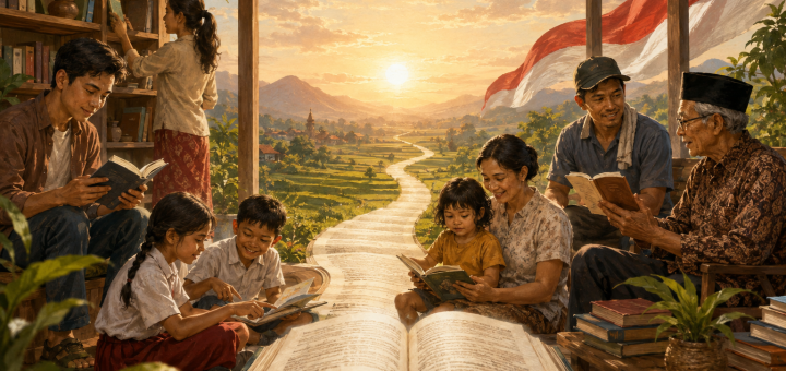 Masyarakat Indonesia lintas generasi membaca dan berbagi buku di ruang baca terbuka dengan latar bendera Merah Putih dan matahari terbit