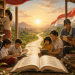 Masyarakat Indonesia lintas generasi membaca dan berbagi buku di ruang baca terbuka dengan latar bendera Merah Putih dan matahari terbit